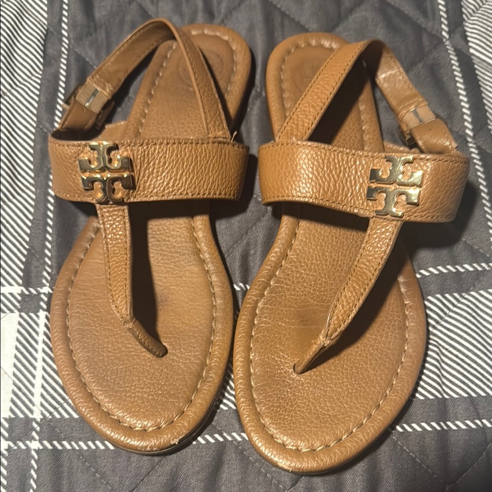 Tory Burch tan Leather Sandals with Gold Logo